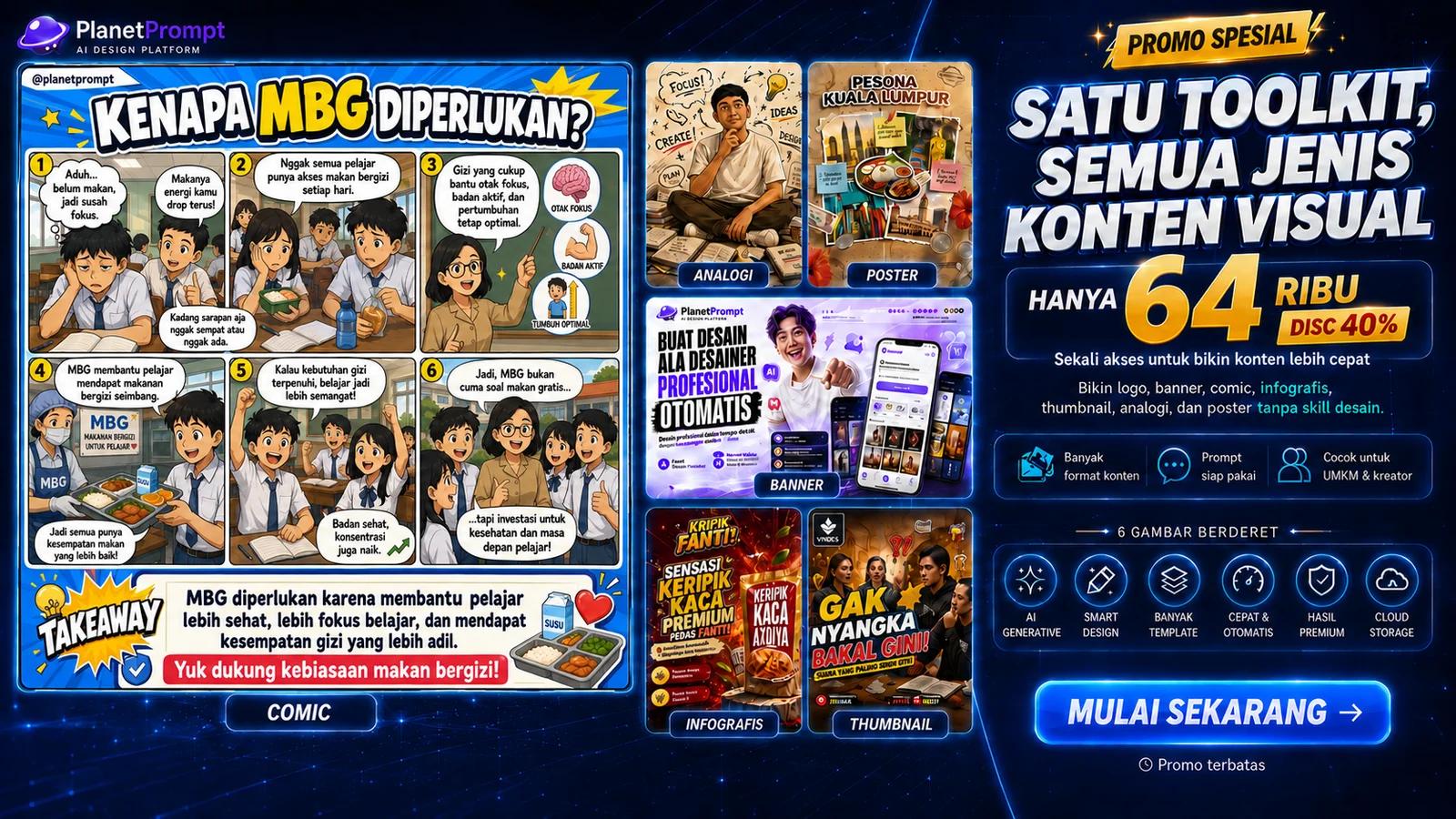 Contoh hasil konten PlanetPrompt — logo, banner, comic, infografis, thumbnail